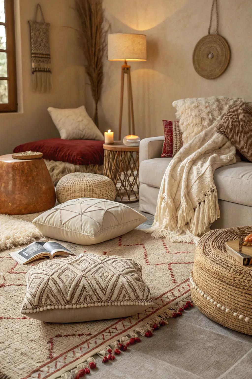Diverse textures amplify the warmth and depth of this beige living space.