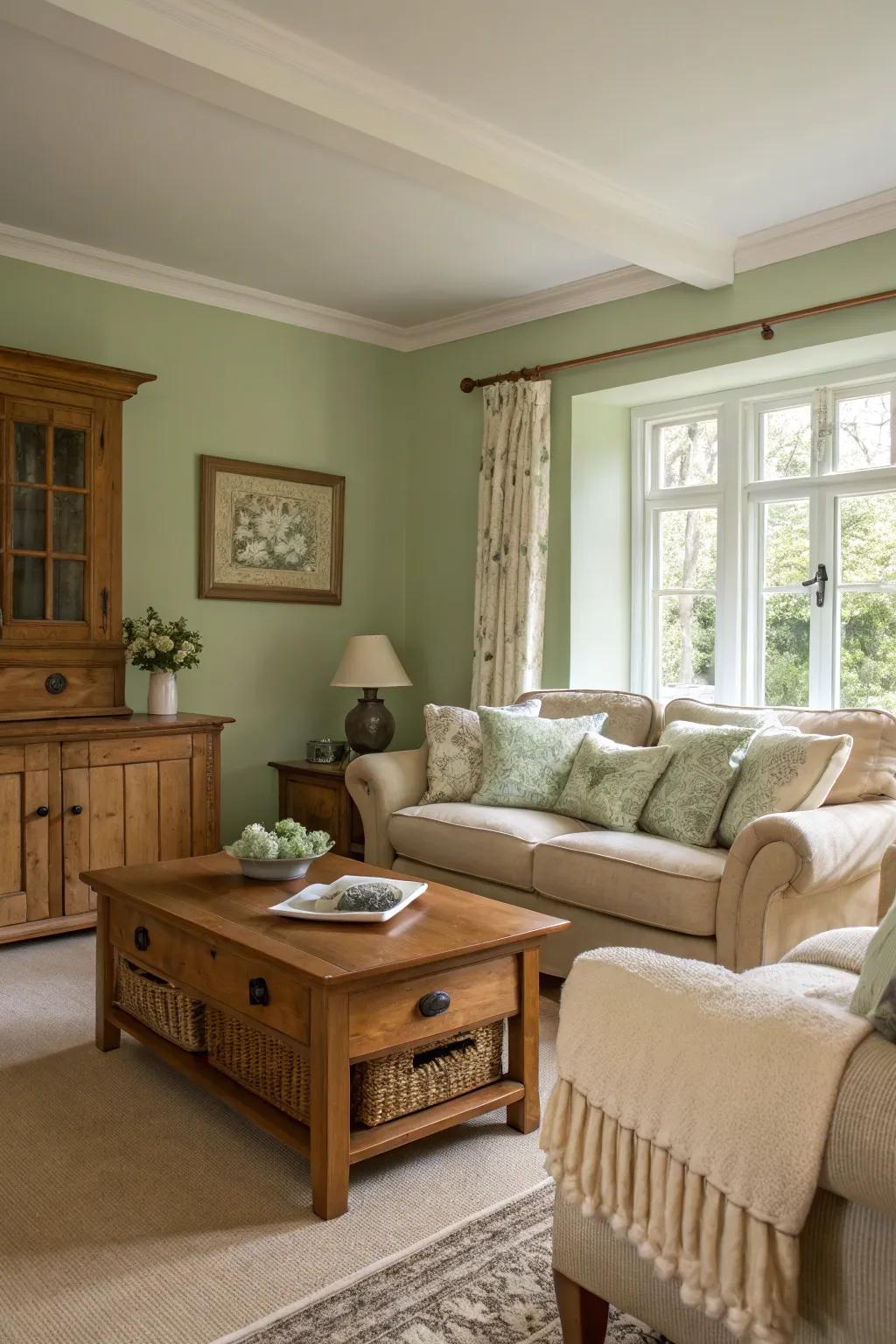 Walls painted sage green transform the living space into a tranquil, inviting haven.
