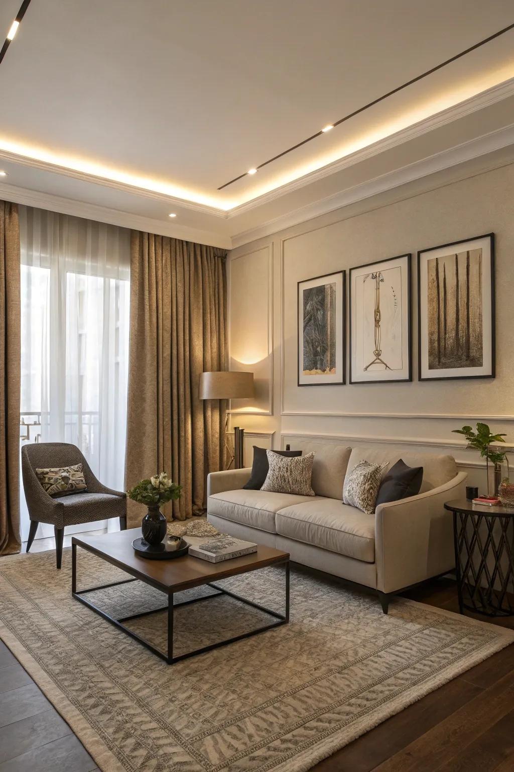 Understated drapes provide a flexible and calming backdrop for any family room.