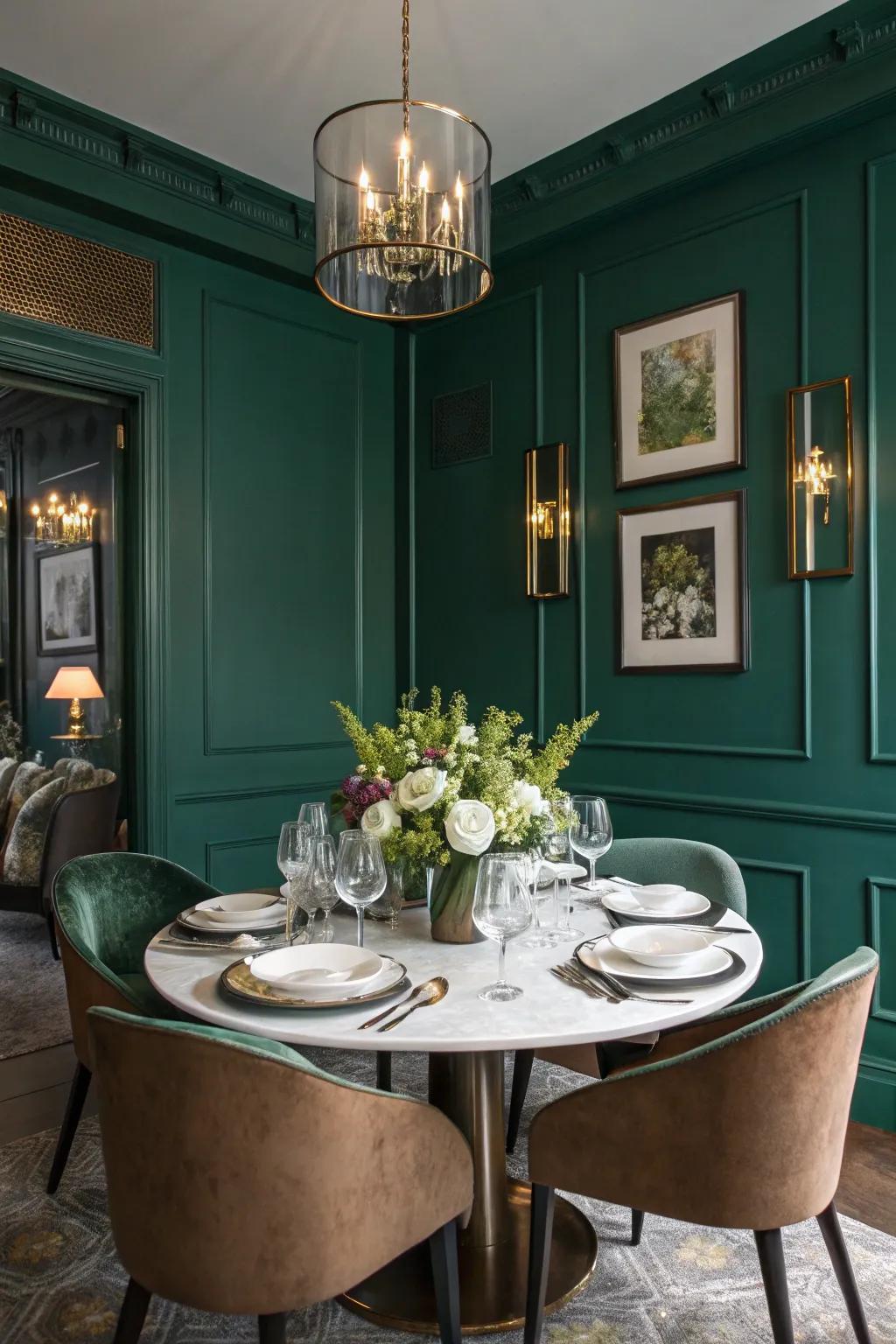 Jewel tones produce a warm and opulent dining space.