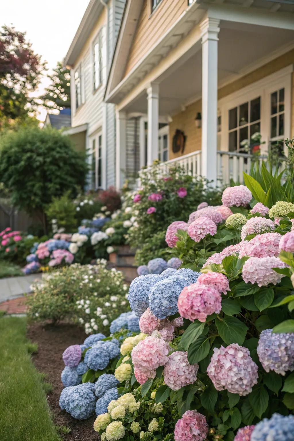 Hydrangeas present a lively interplay of color and texture for your home's entrance.