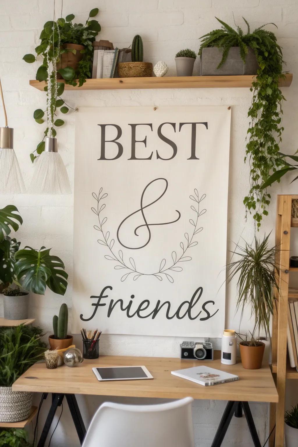 A personalized poster showcasing intertwined names graces a stylish home office.