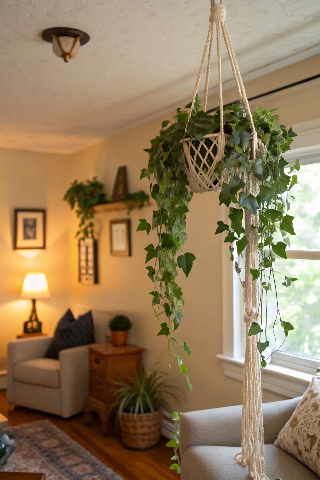 Bohemian elegance with rope plant holders.