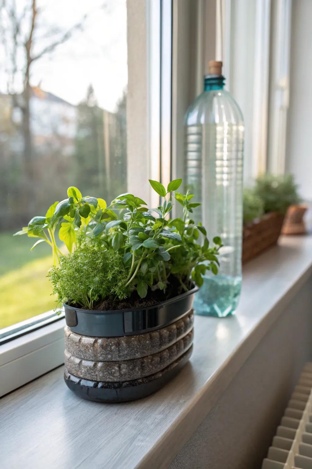 Transform discarded plastic bottles into eye-catching planters, adding a refreshing burst of green.