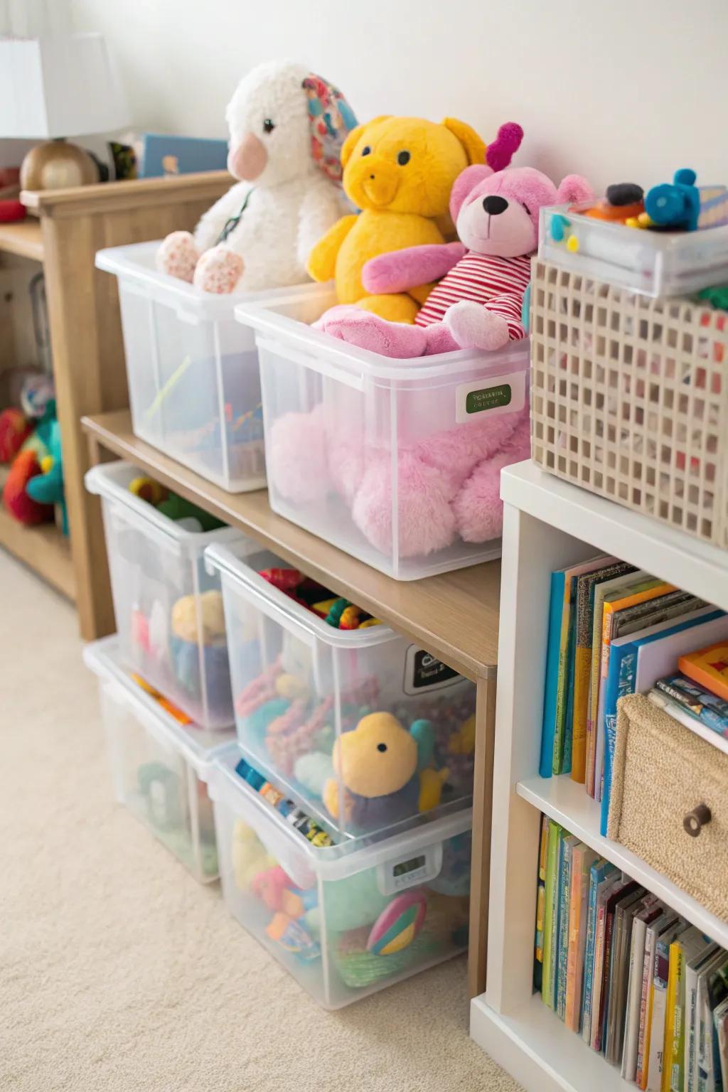 Transparent cases ensure stuffed animals are visible and methodically arranged.