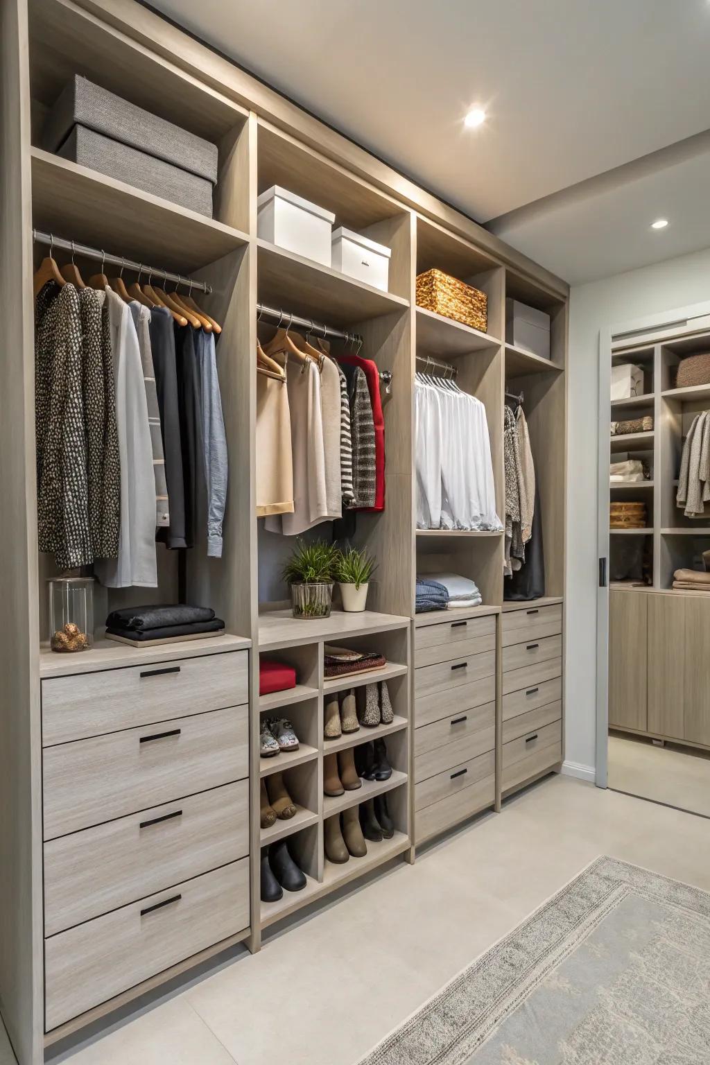 A generous closet showcasing a variety of storage solutions including drawers, shelving, and hanging bars.