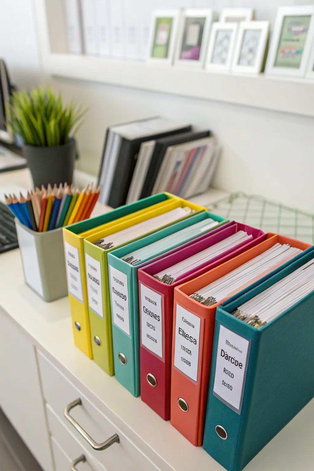 Colorful binders organized for easy access.