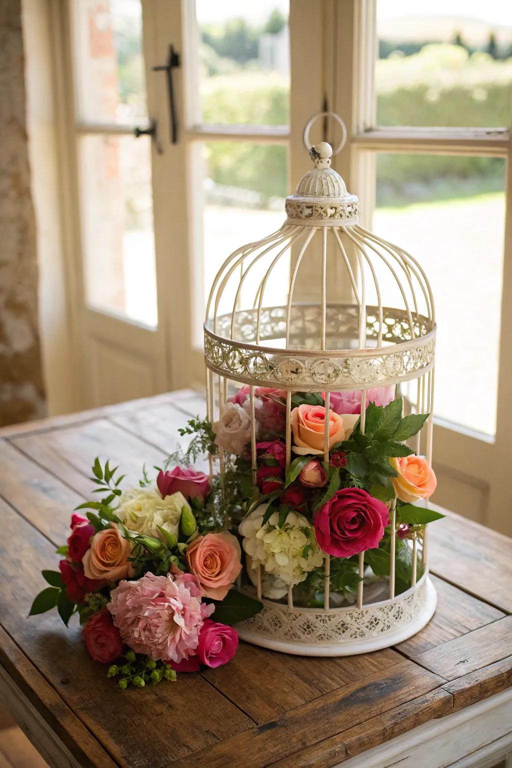 A romantic <strong><em>bird enclosure</em></strong> centerpiece, bursting with floral elegance.” loading=”lazy” class=”pimg”>
	</picture><figcaption>A romantic <strong><em>bird enclosure</em></strong> centerpiece, bursting with floral elegance.</figcaption></figure>
<p>Infuse a <strong><em>bird enclosure</em></strong> with a rich assortment of real or artificial blooms for a <strong>garden-inspired centerpiece</strong>. I’m particularly fond of utilizing roses and peonies to achieve a timeless, romantic vibe.</p>
<h3>A few relevant products:</h3>
<ul class=
