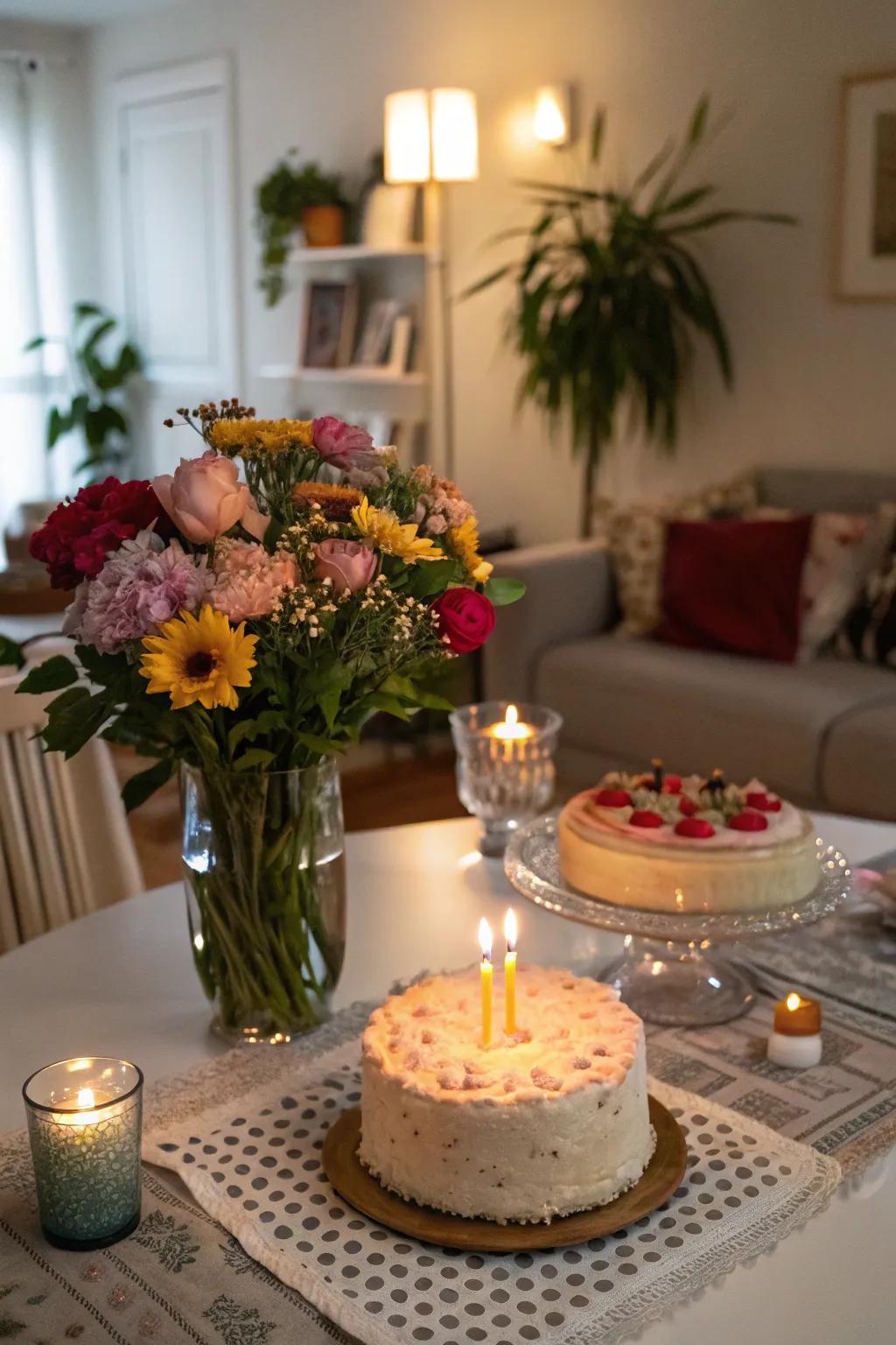 Seasonal flowers lend an element of natural refinement to the birthday table.