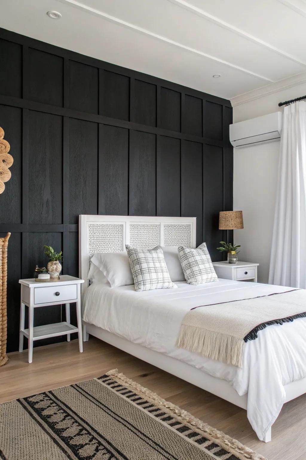 A bedroom showcasing the striking contrast between a black accent wall and crisp white elements.