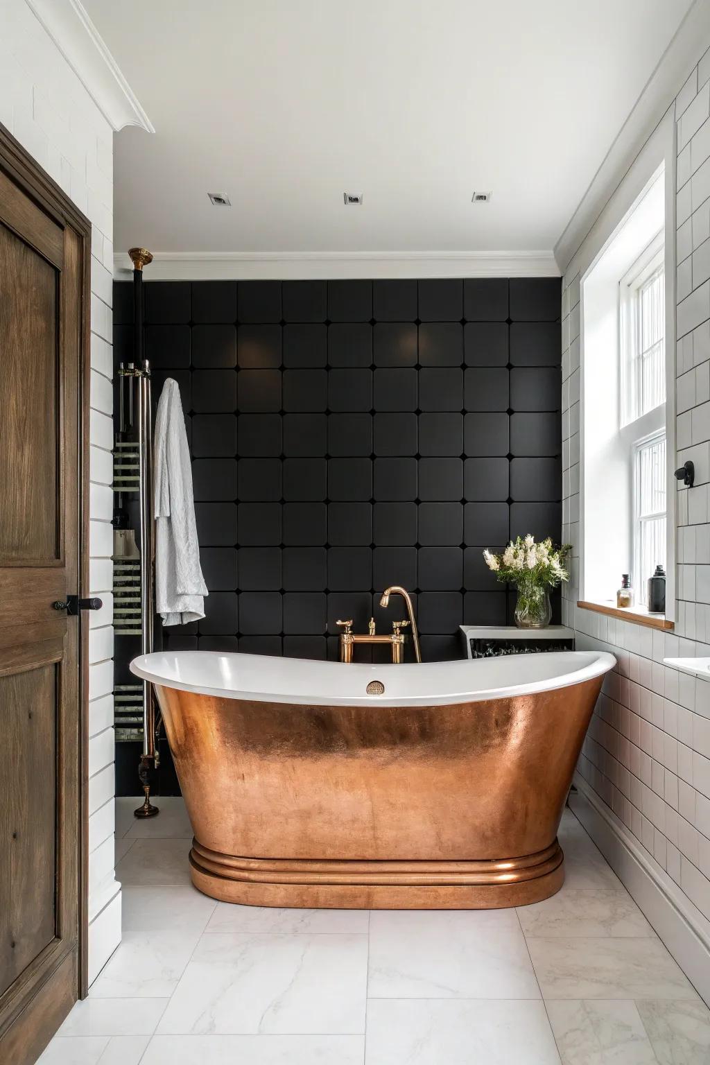 A copper tub stands out spectacularly against a dark backdrop.