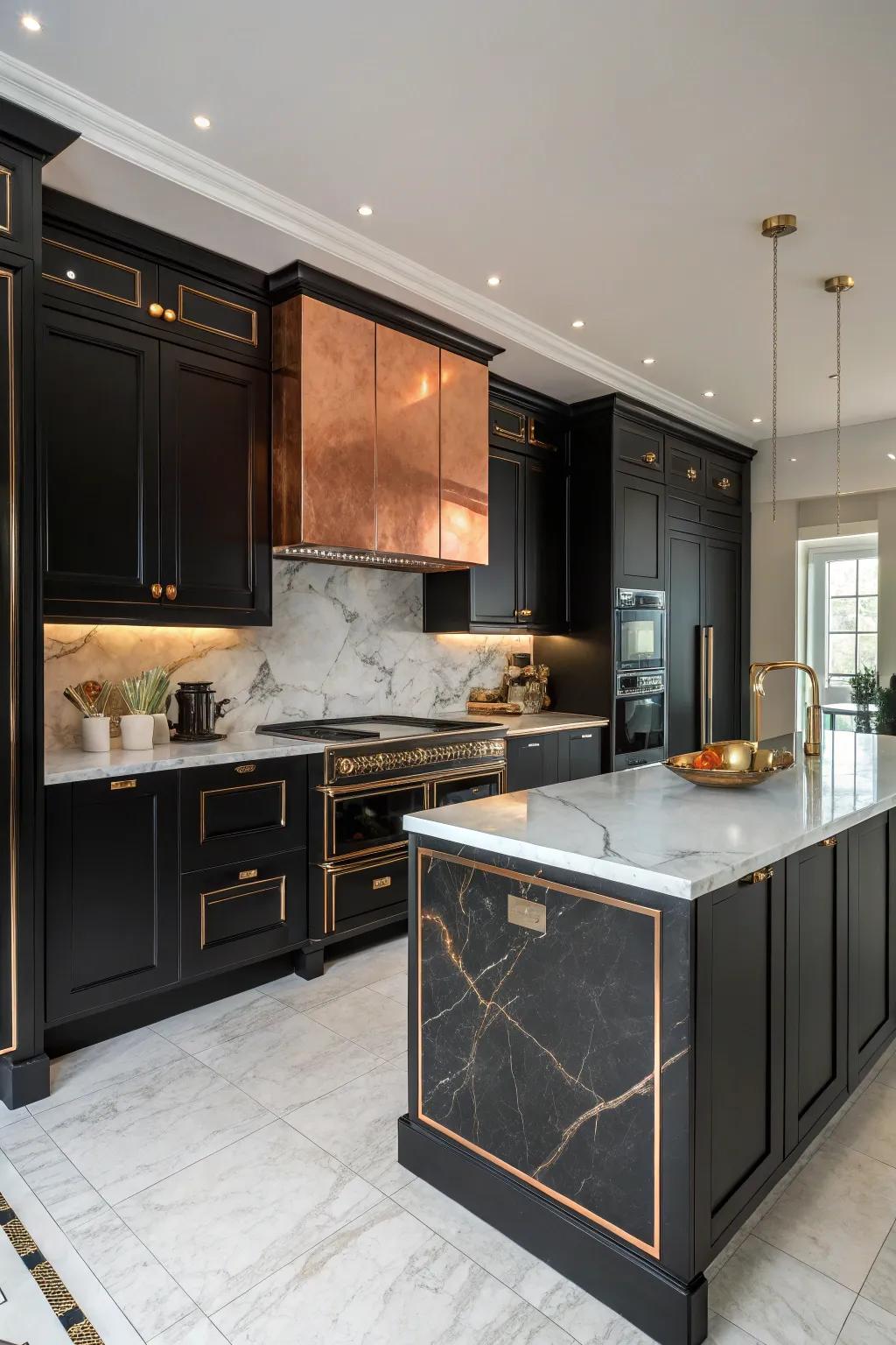 Black cabinets and copper countertops create an opulent kitchen atmosphere.