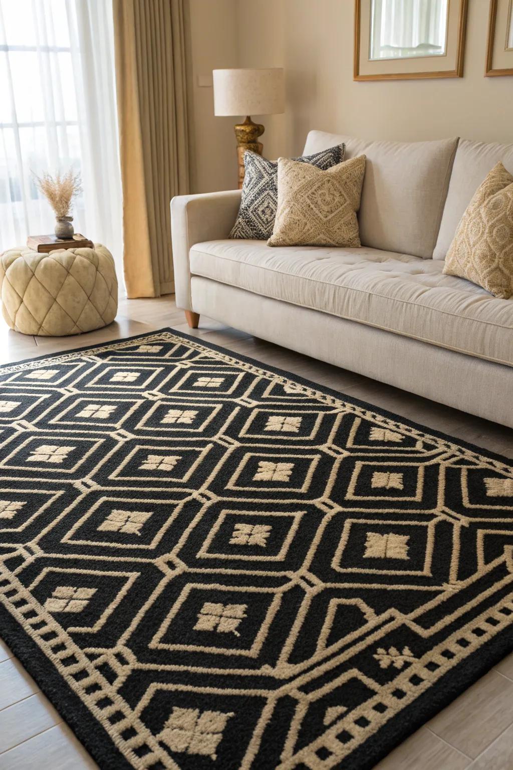 An eye-catching geometric floor covering and cushions in black and cream introduce visual intrigue and refinement.