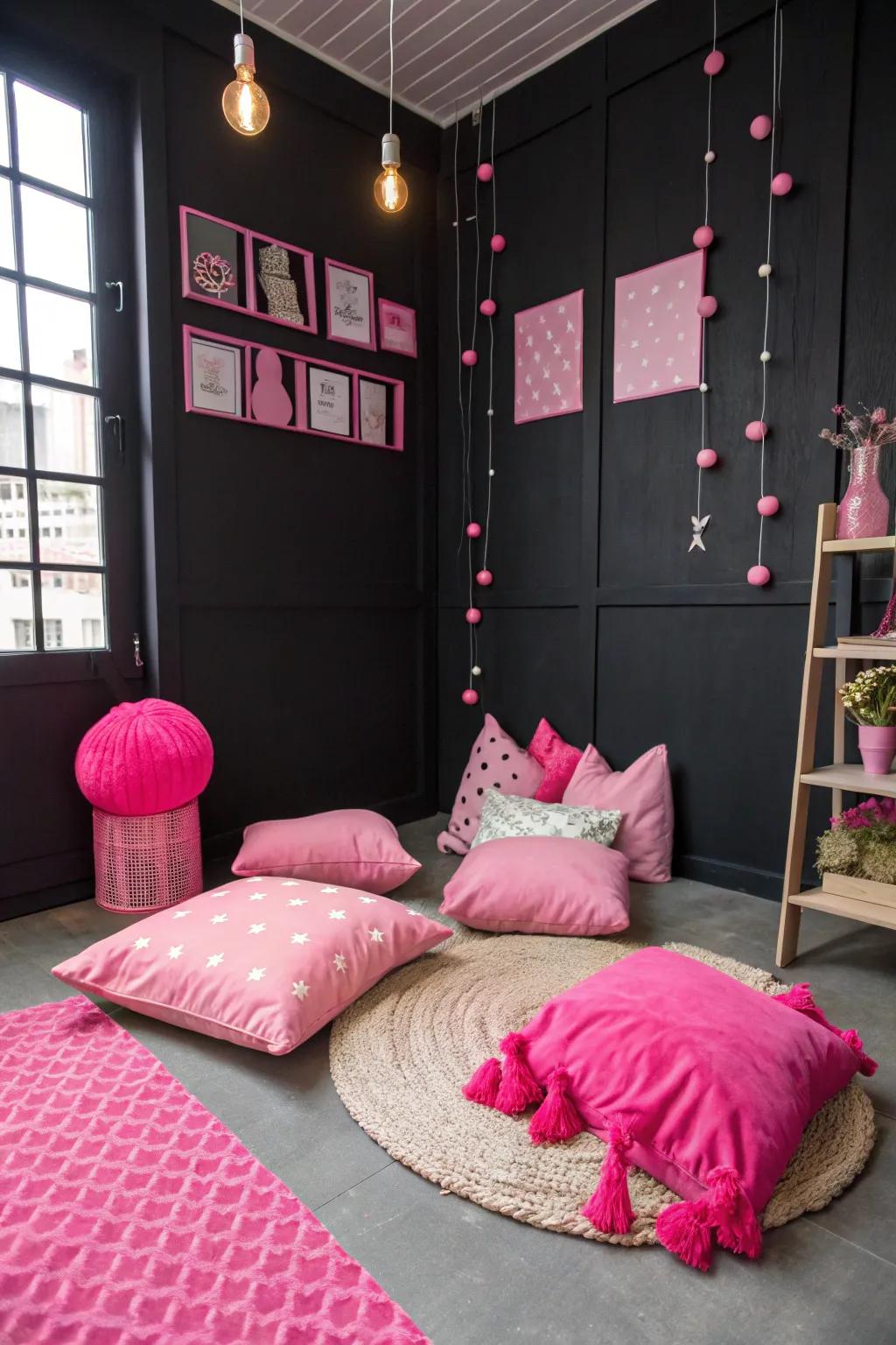 Energetic rose accents against abyss walls result in a vibrant and fashionable contrast.
