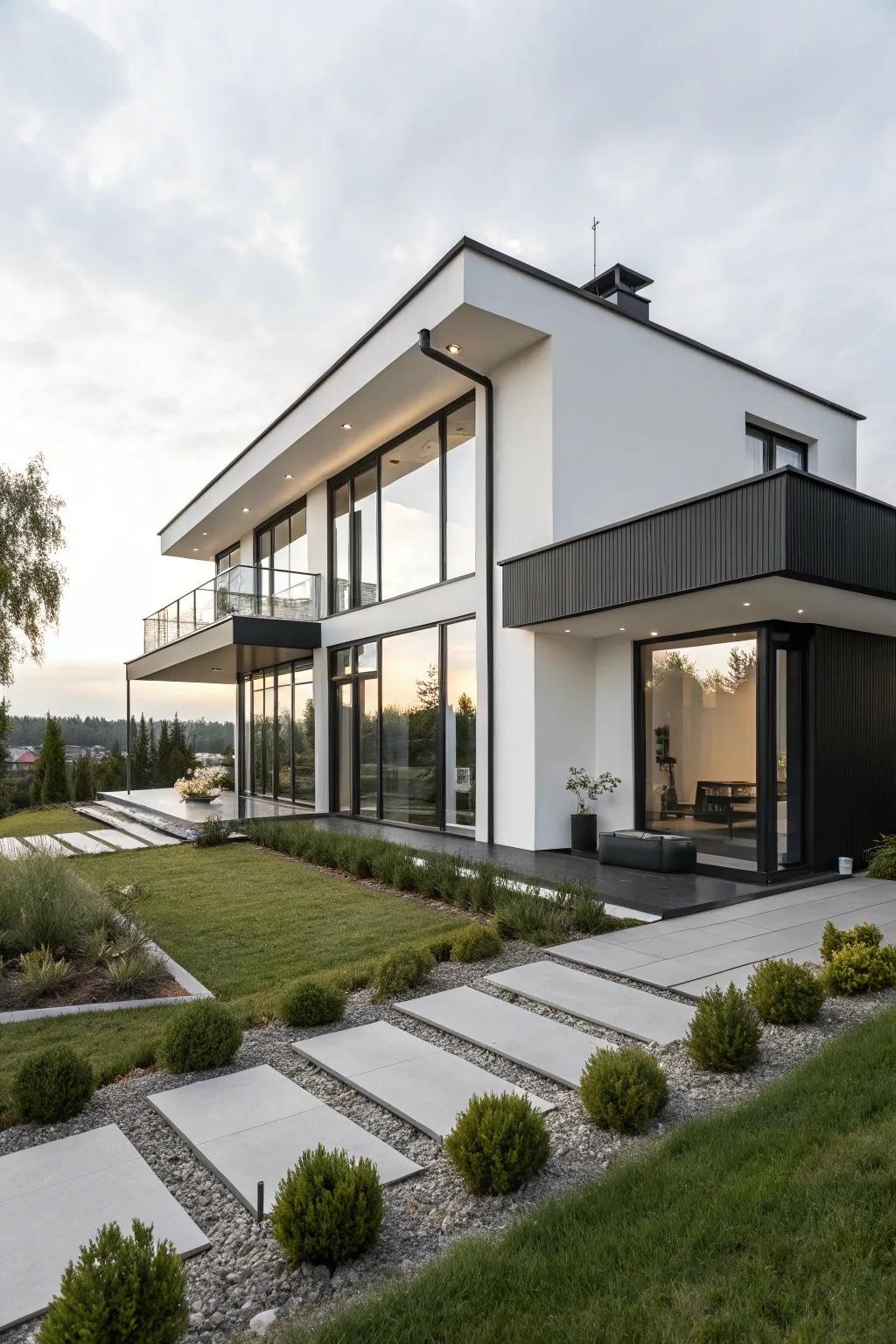A modern home showcasing a chic black and white exterior with minimalist landscaping.