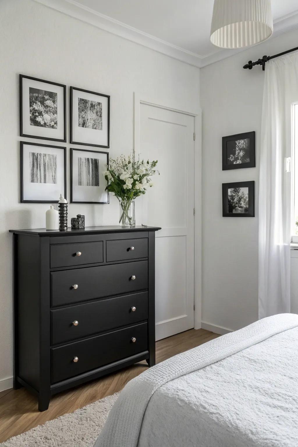 A minimalist bedroom showcasing an ebony chest as the focal point.