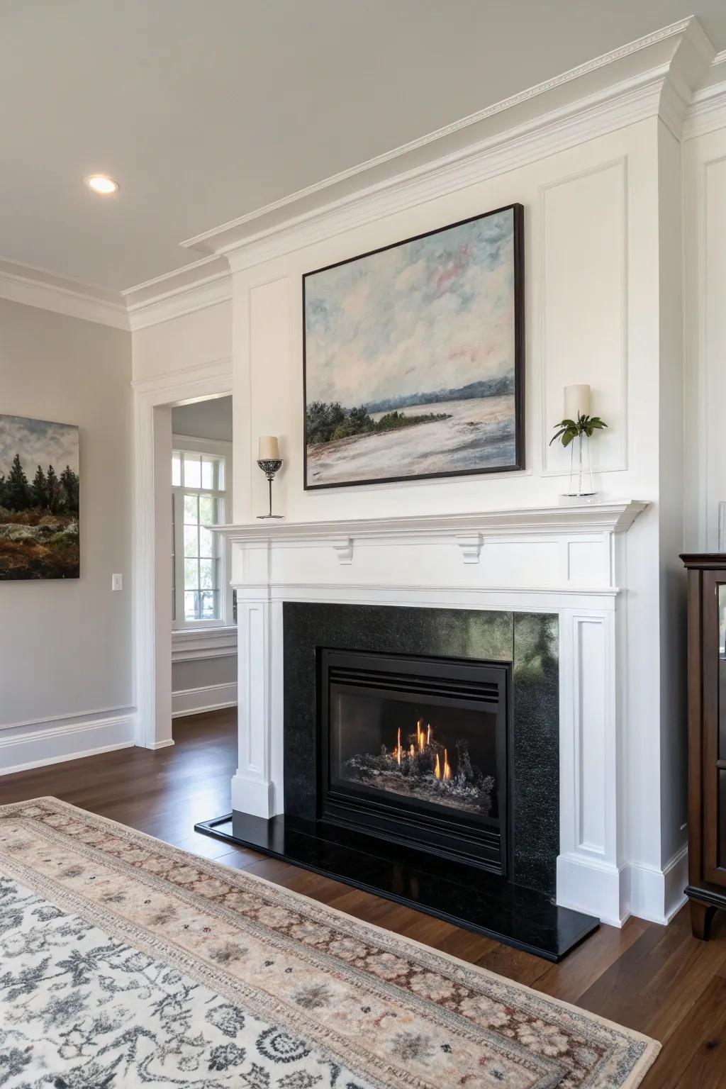 Embrace the essence of modern minimalism with a sleek black fireplace that beautifully complements striking artwork.