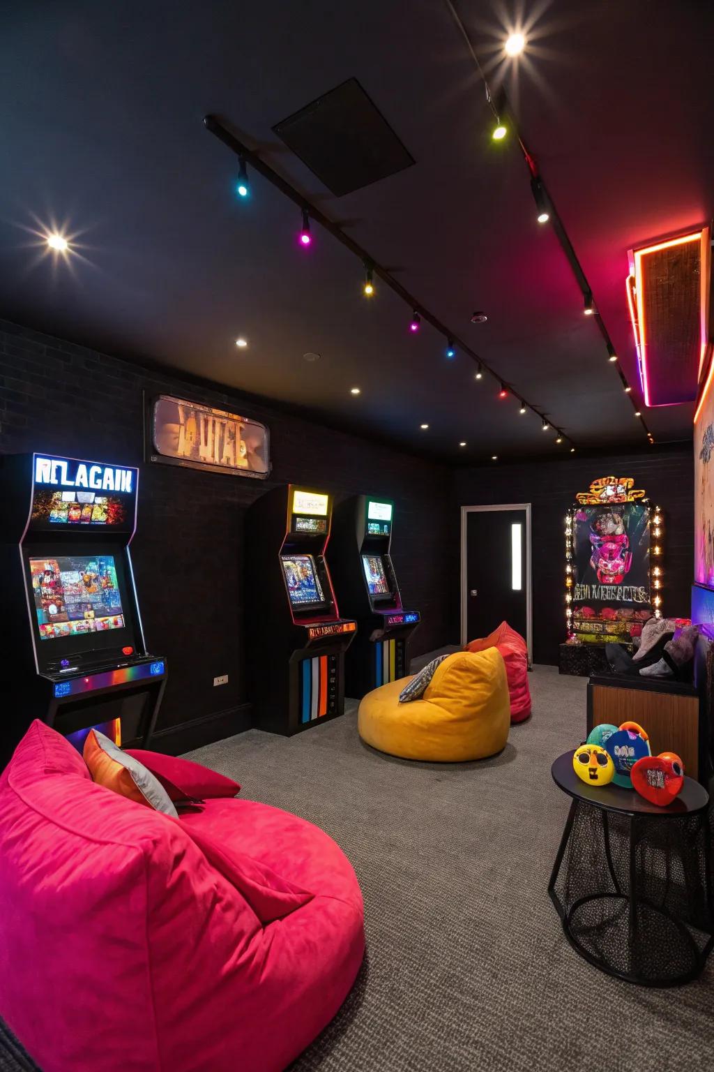 A game room featuring a predominantly dark color scheme, resulting in a striking and up-to-date appearance.