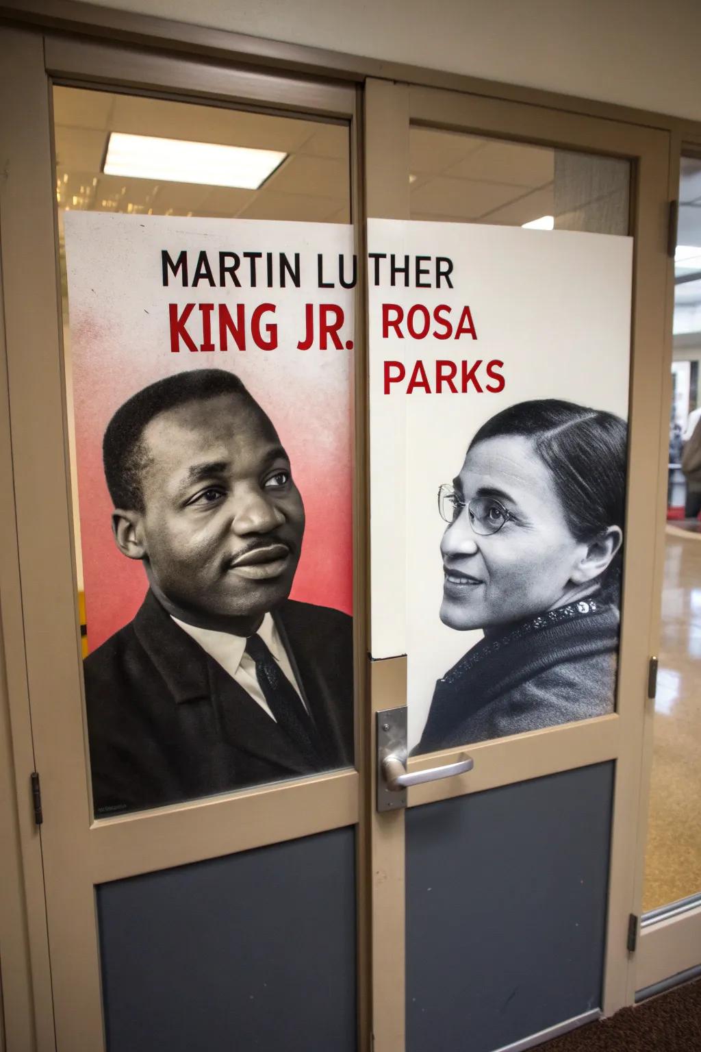 A door celebrating Martin Luther King Jr. and Rosa Parks with compelling images and words.