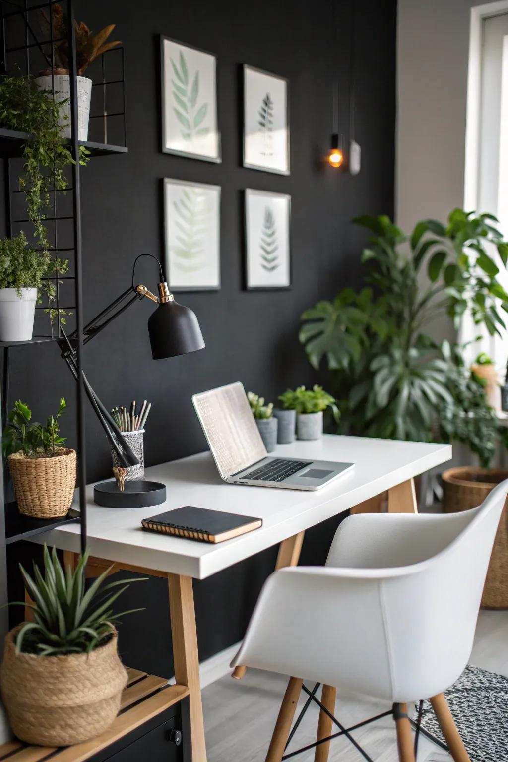 An office at home featuring deep black walls, creating a workspace that feels snug and enclosed.