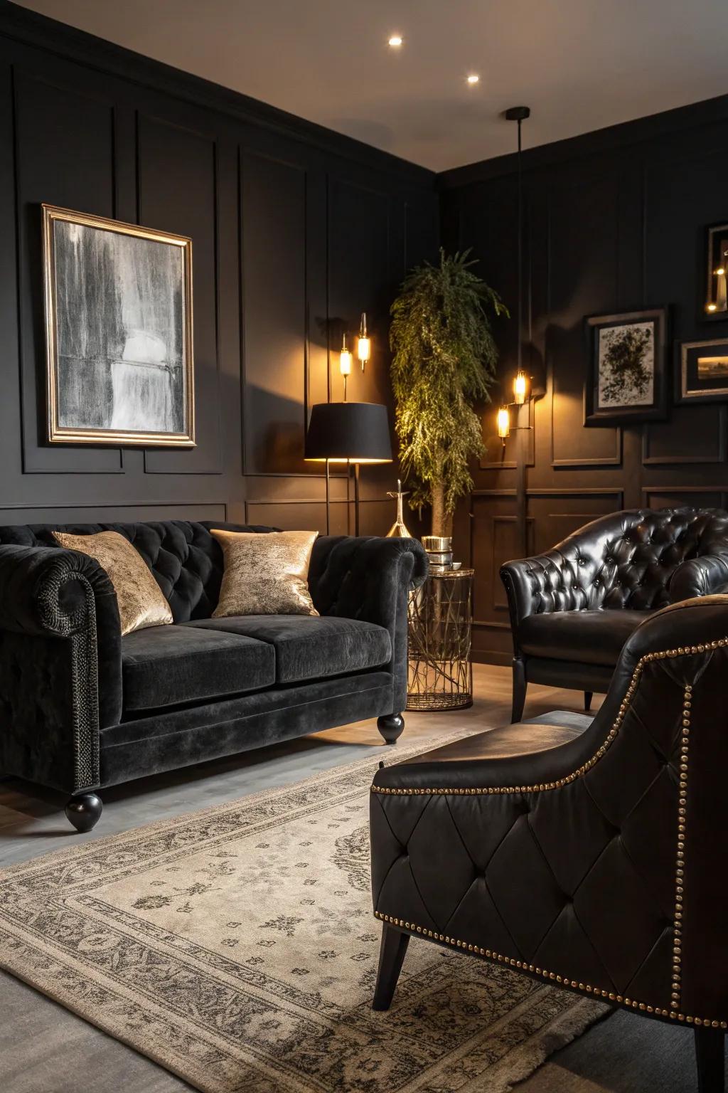 A dark living space featuring plush and fine hide textures for an extravagant sensation.