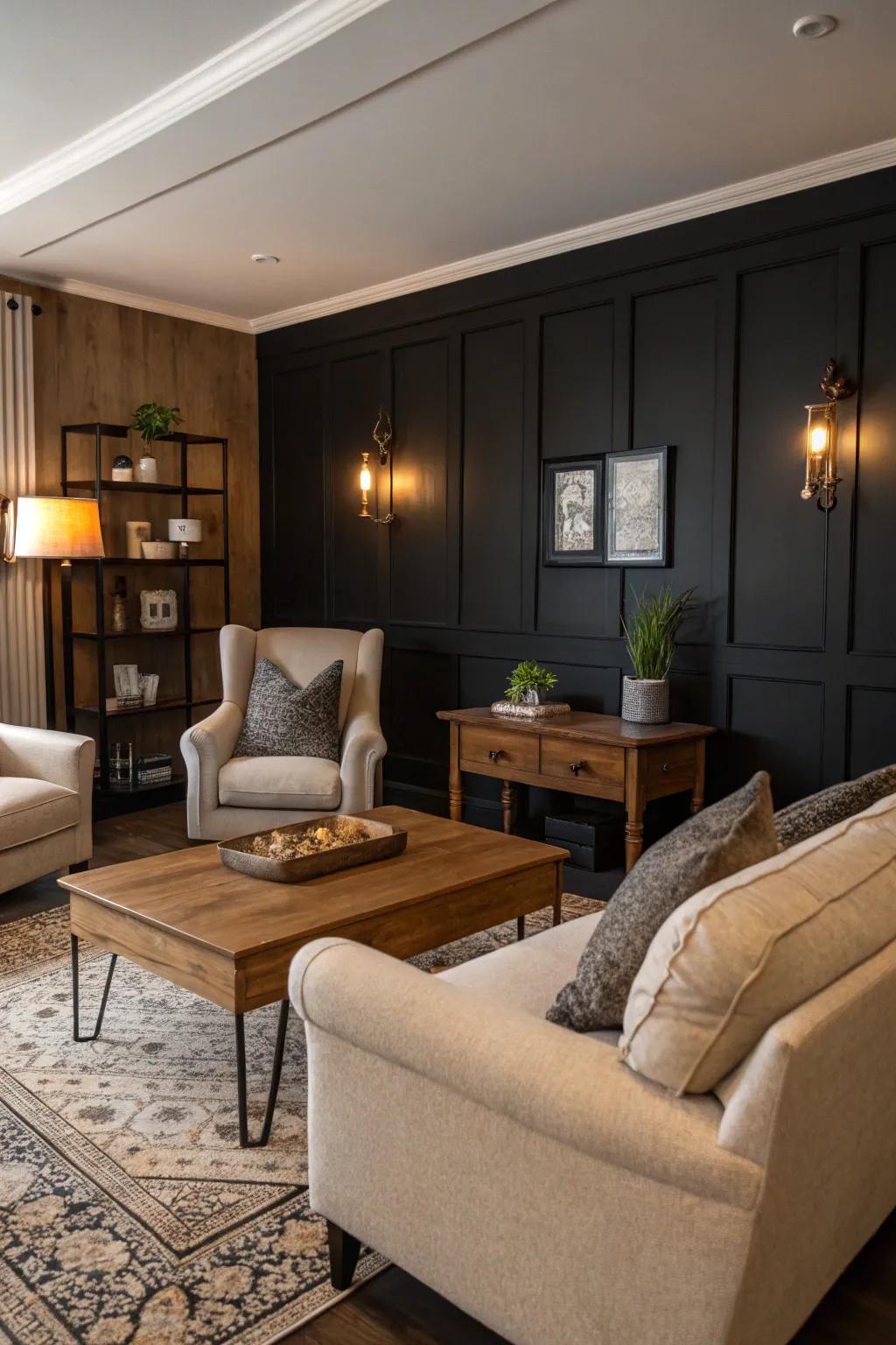 A welcoming living room showcasing a prominent black accent wall.