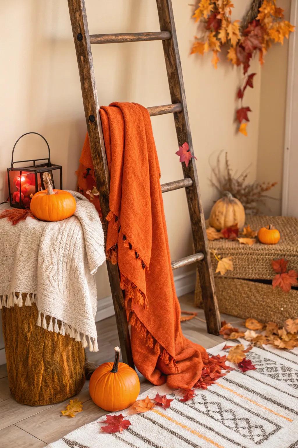 Seasonal elements on a blanket ladder bring the allure of fall indoors.