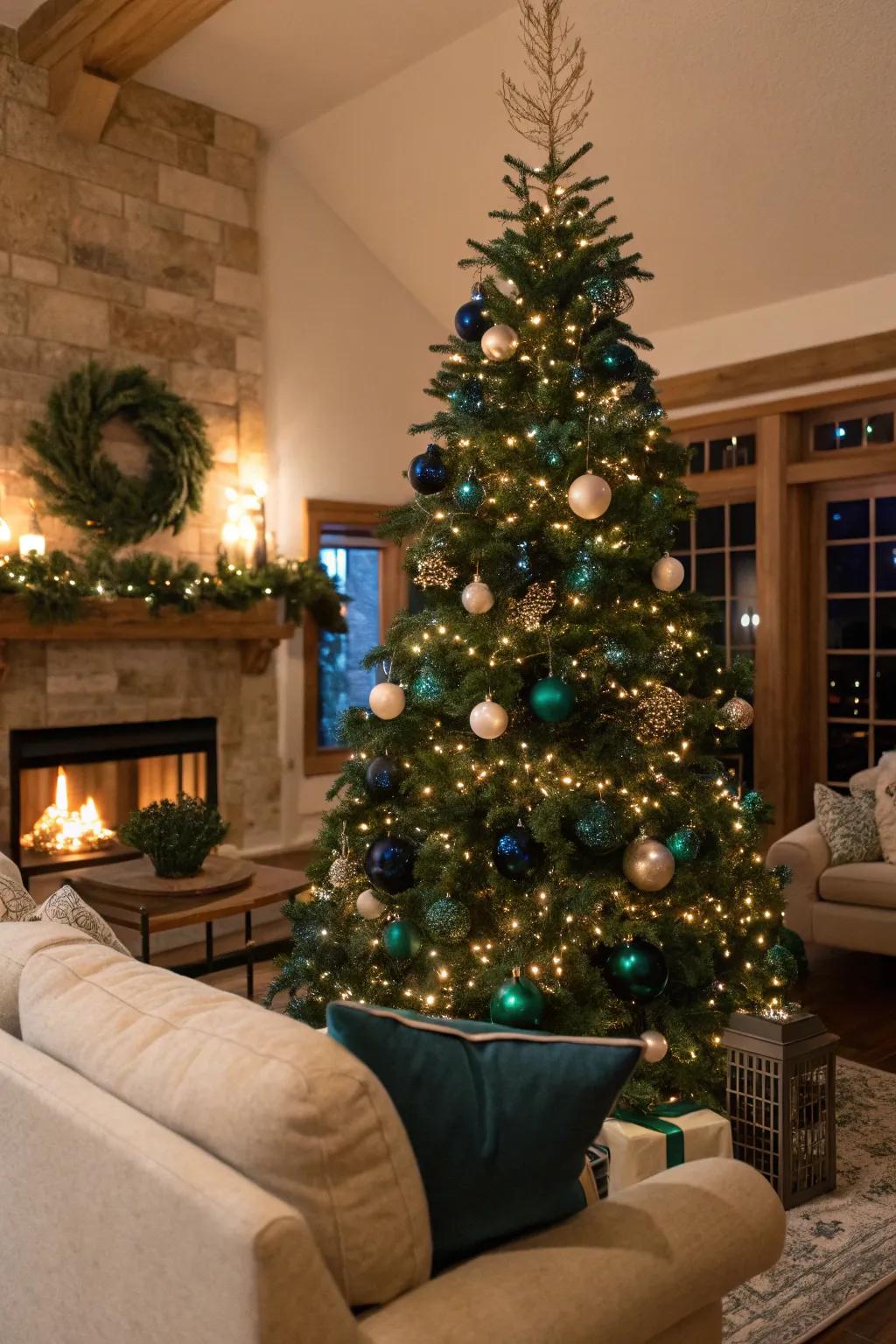 A classic blue and green Christmas tree featuring ornaments that radiate refinement and warmth.