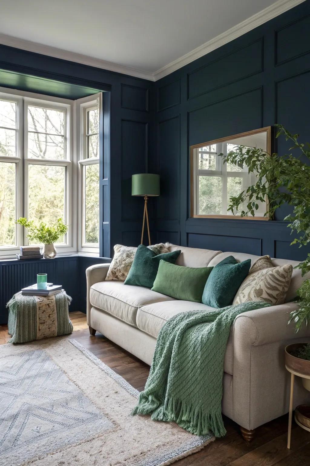 Navy blue walls establish a peaceful yet stylish living room ambiance.