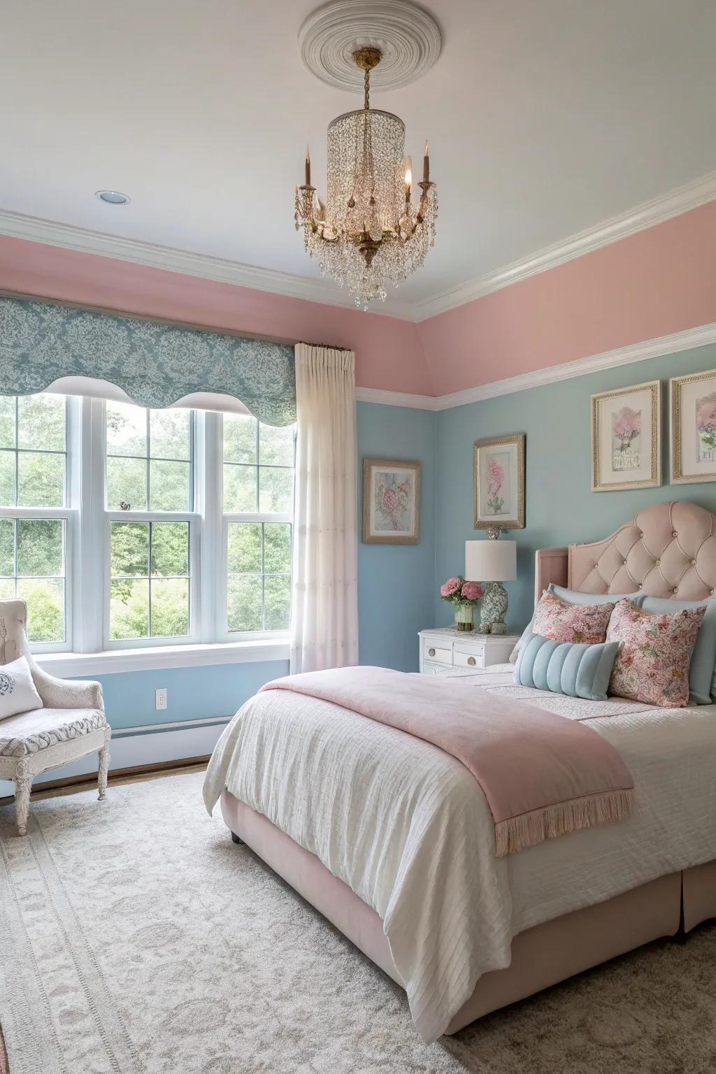 Walls painted in pastel tones create a soothing and welcoming vibe in the bedroom.