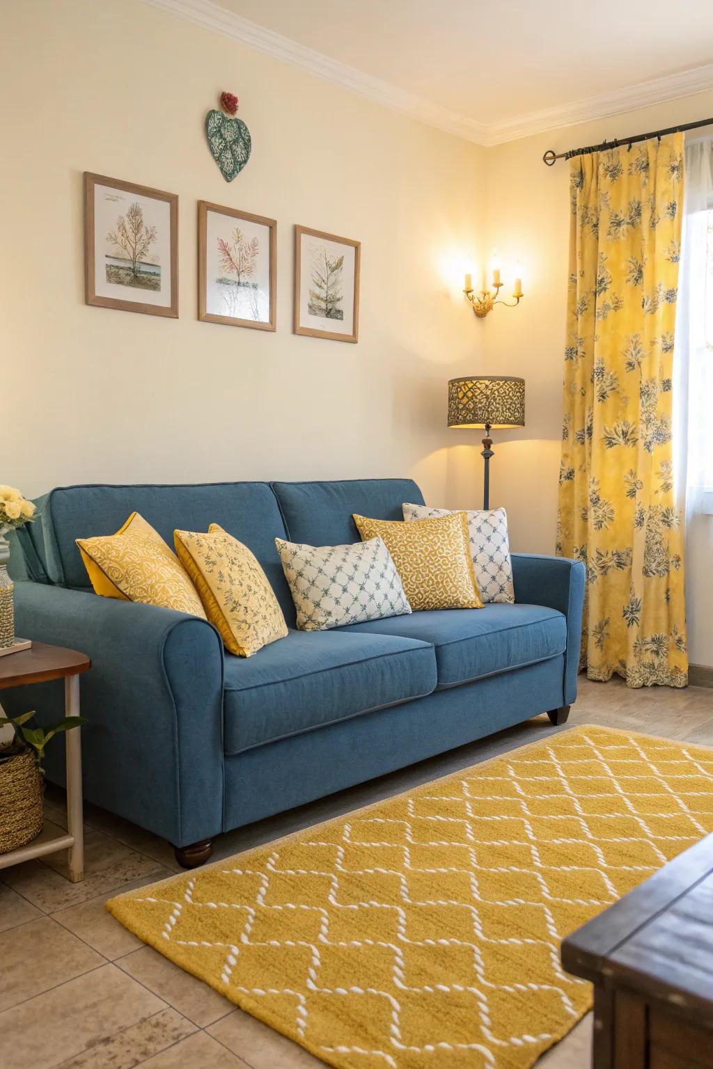 A welcoming living room showcasing an azure settee complemented by gold accent pillows for an energetic aesthetic.