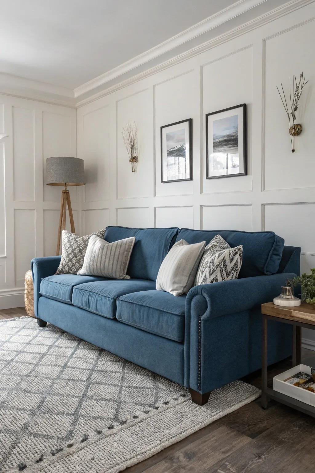 A serene living space featuring a cerulean sofa and neutral touches.