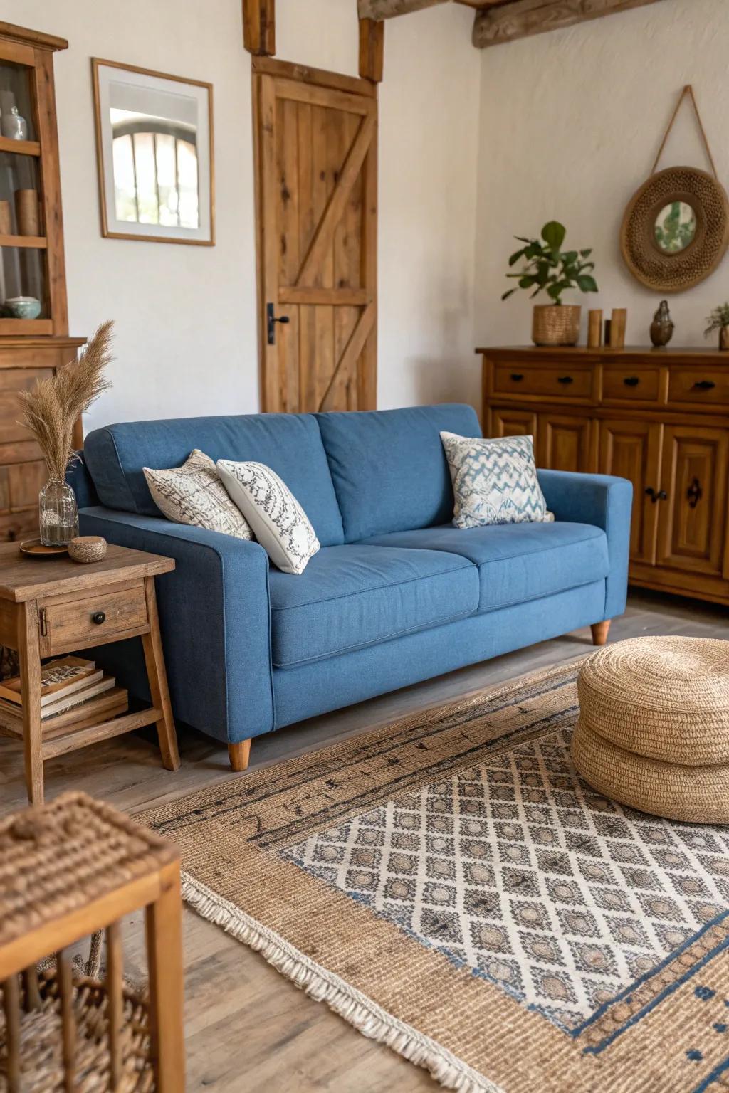 Organic textures enhance the calming azure shades of the settee.