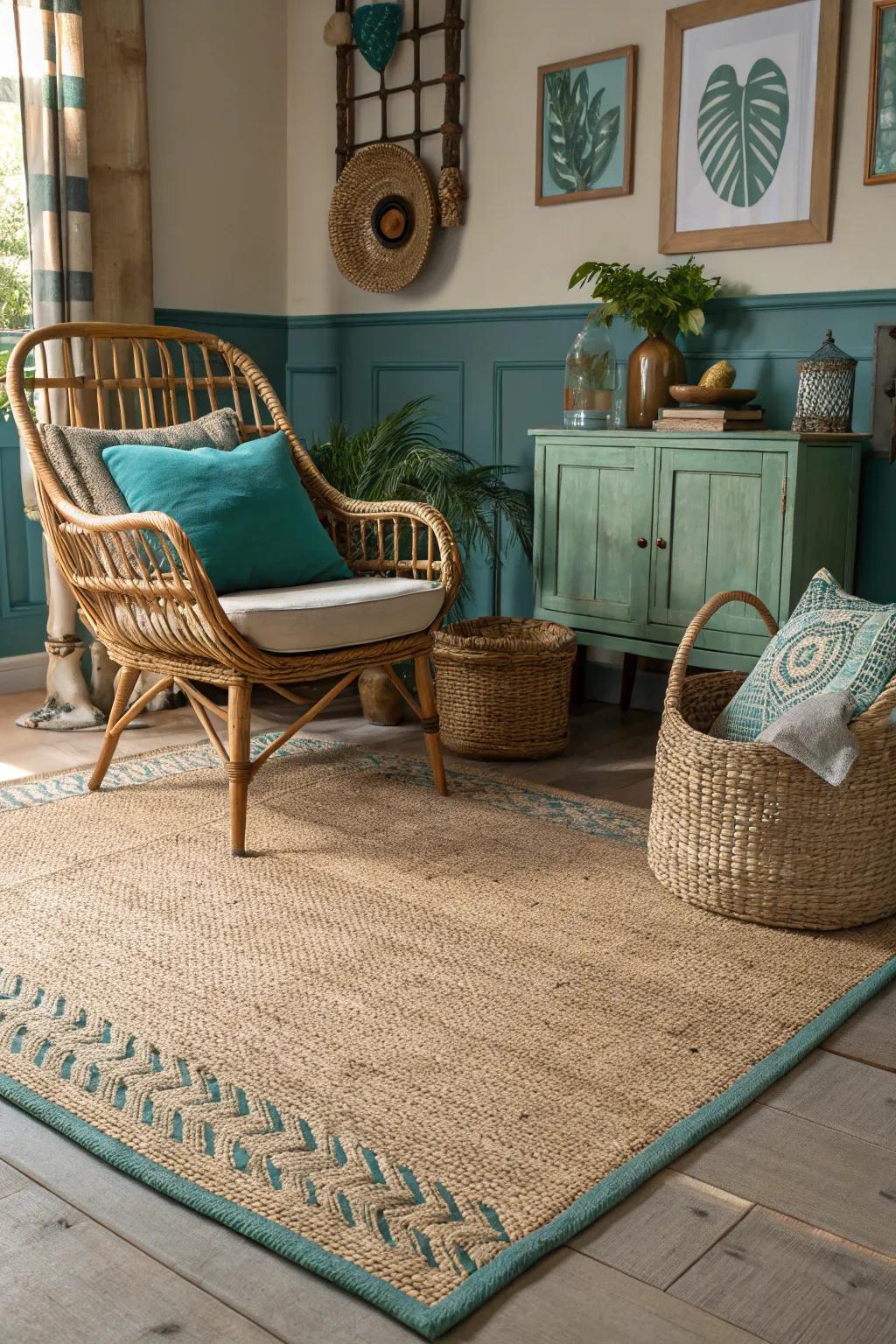 Earthy textures harmonize beautifully with blue-green palettes.