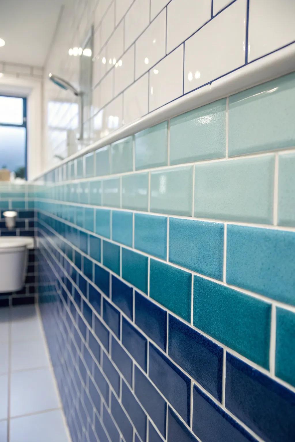 A gradient of blue tiles infuses the calming spirit of the sea into your personal bathroom.