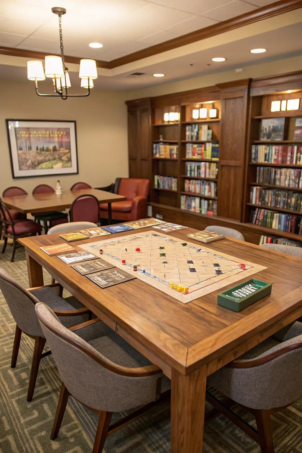 A broad game table poised for an evening brimming with amusement and fervor.