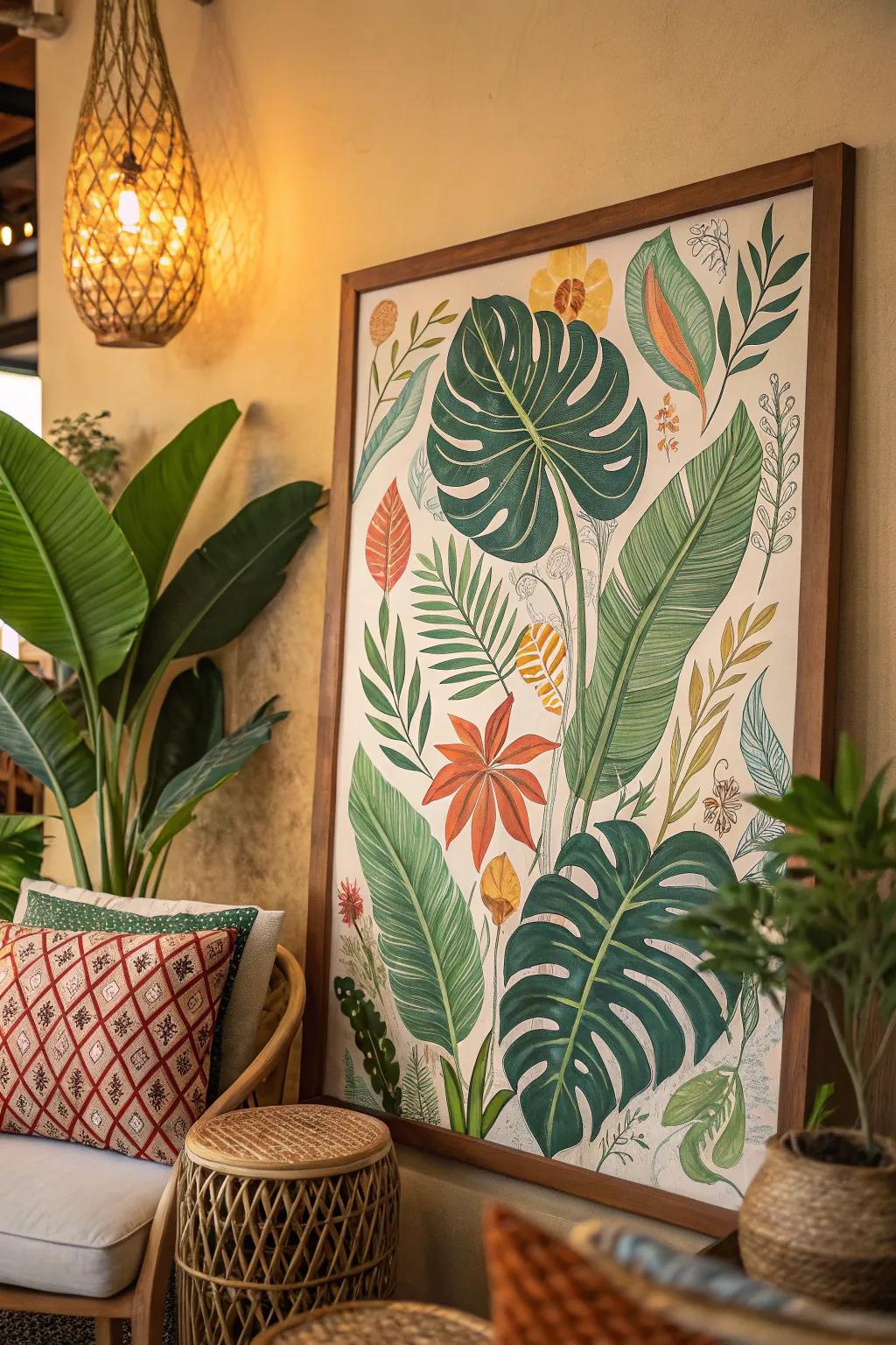 A boho painting that honors the charm of nature through lavish greenery and botanical patterns.
