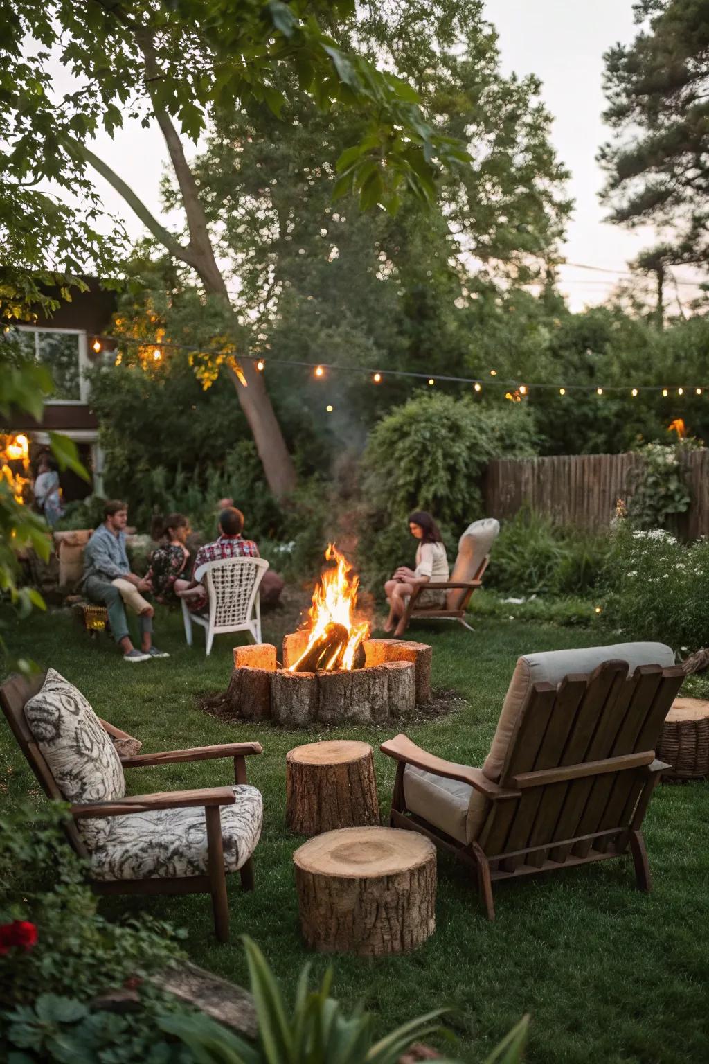A cozy, rustic seating arrangement encircling a bonfire.