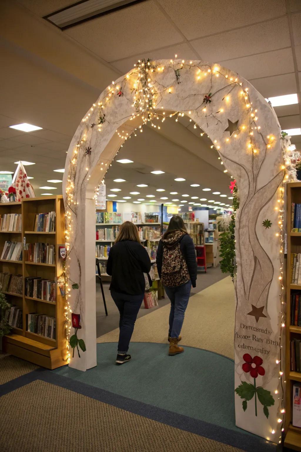 A captivating entrance to the book fair featuring glittering lights and an imaginative archway.