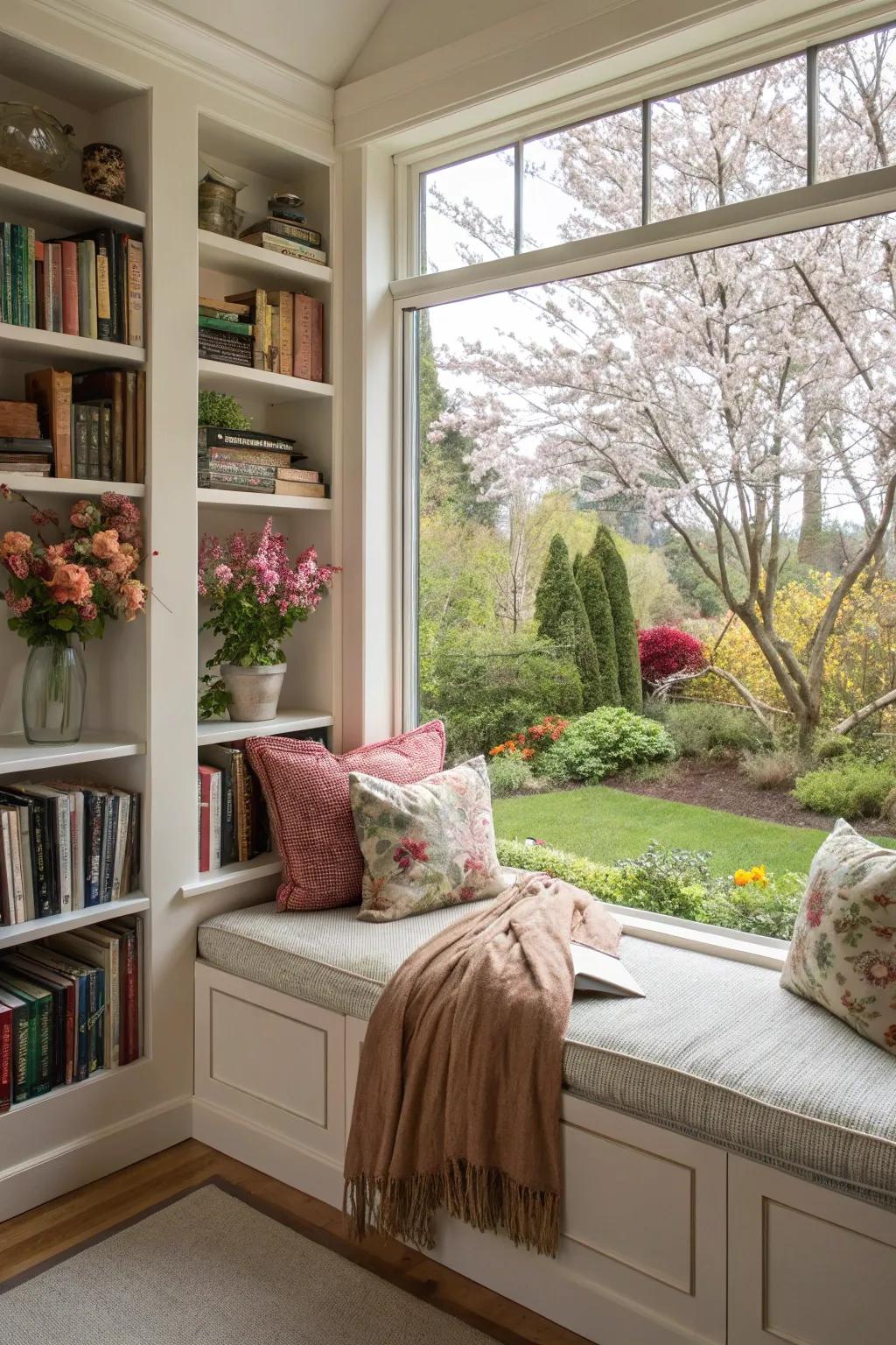 A window seat nook that harmonizes comfort with the beauty of nature.