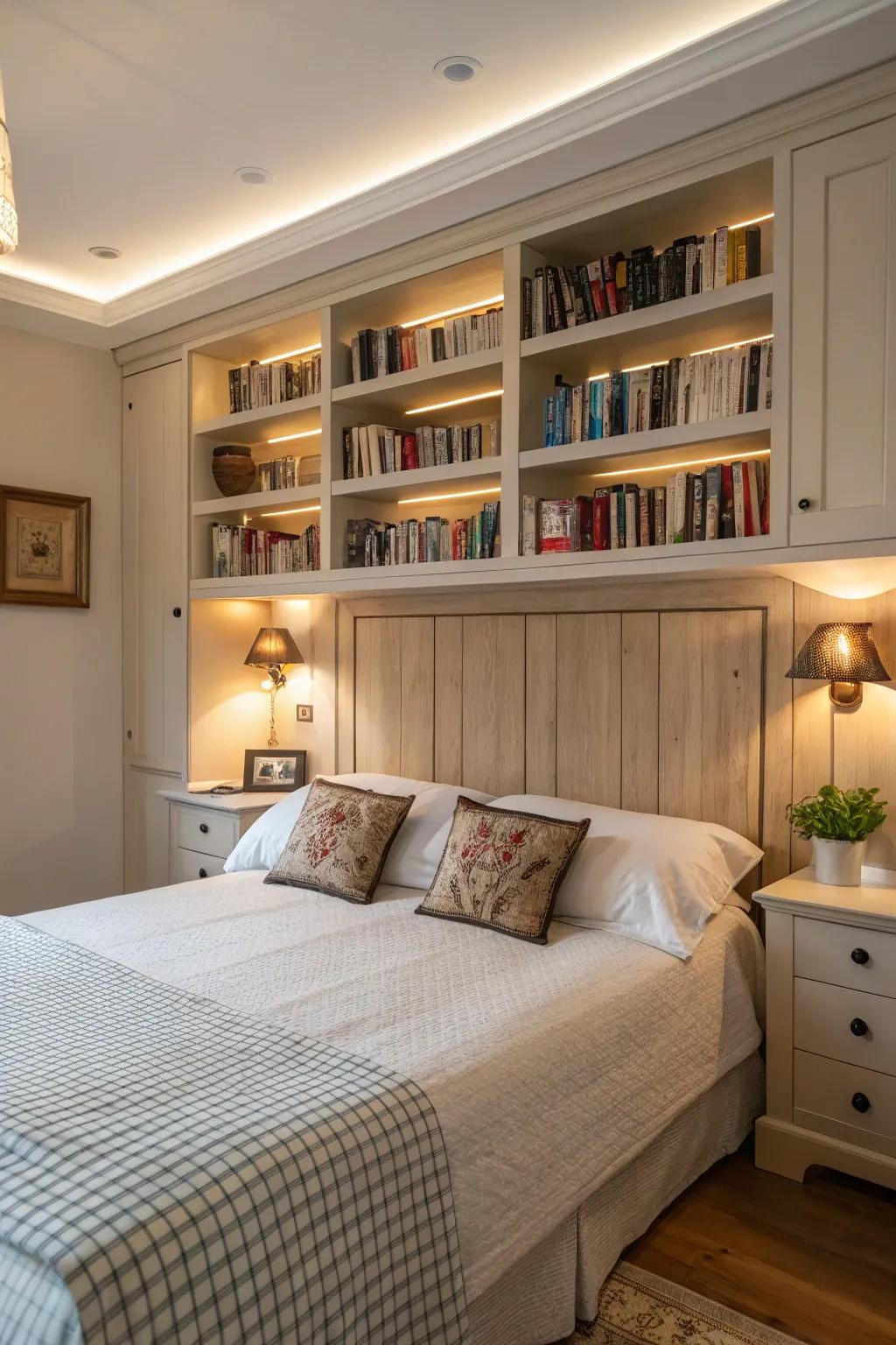 A creative use of headboard space, perfect for those who love to read.