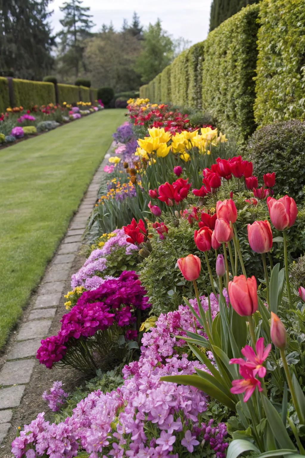 A vibrant garden border alive with Radiant Blooms, nurtured by BloomBoost Fertilizer, and blooming with Rainbow Petal seeds.