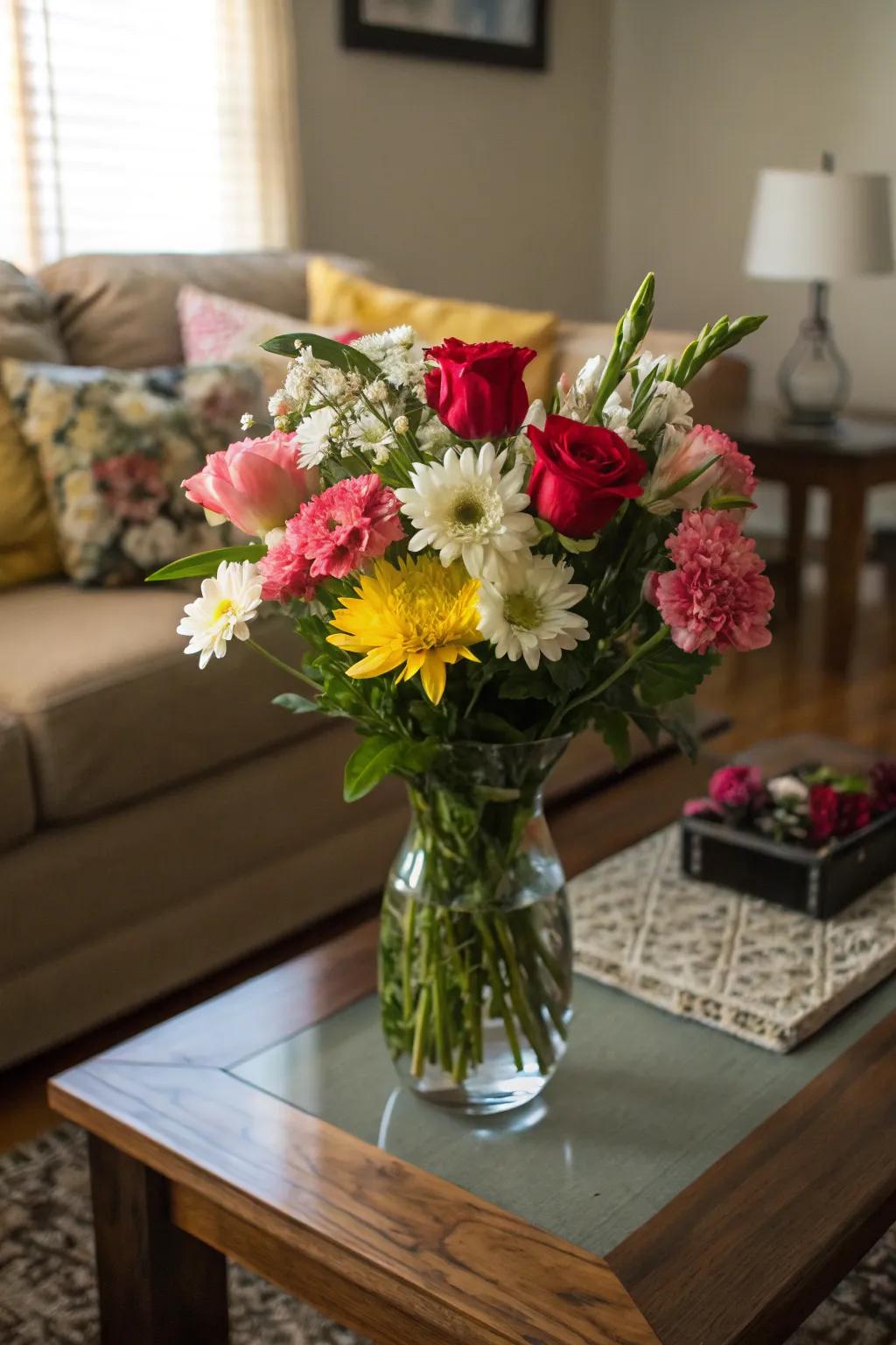A classic, diverse flower arrangement to brighten any room.