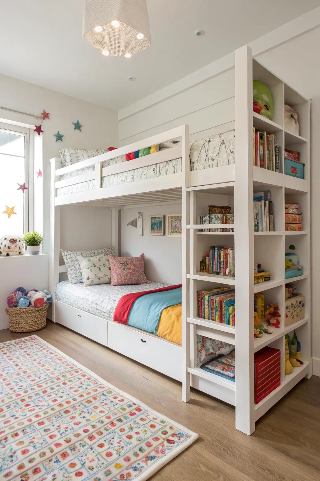 A space-saving tiered sleeper creates more space for activities in a shared space.