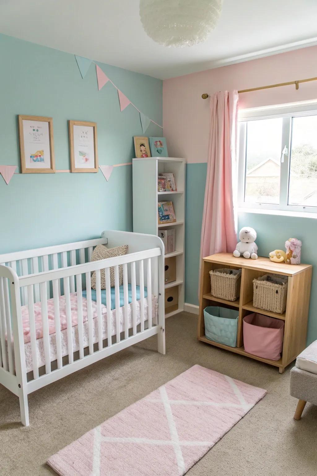 A gender-neutral themed room featuring soft pastel hues and calming tones.