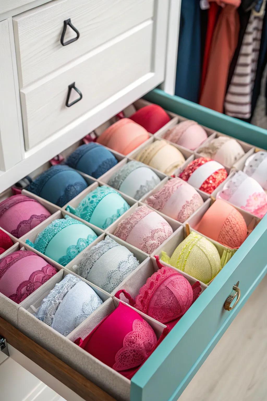 Maintain neatness and prevent tangles in your bra collection with drawer dividers.