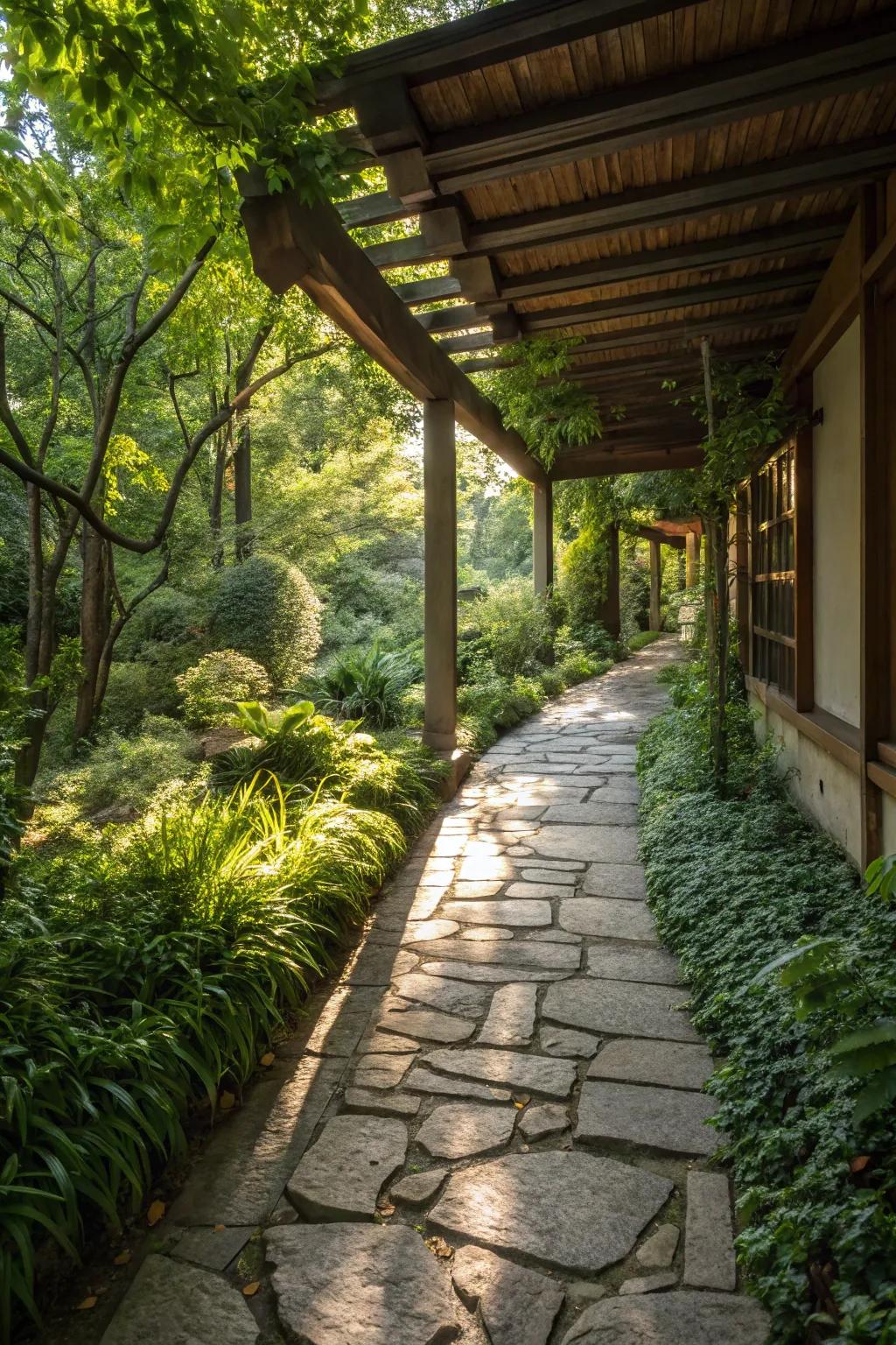 An eye-catching stone path that contributes a countryside charm to the breezeway.