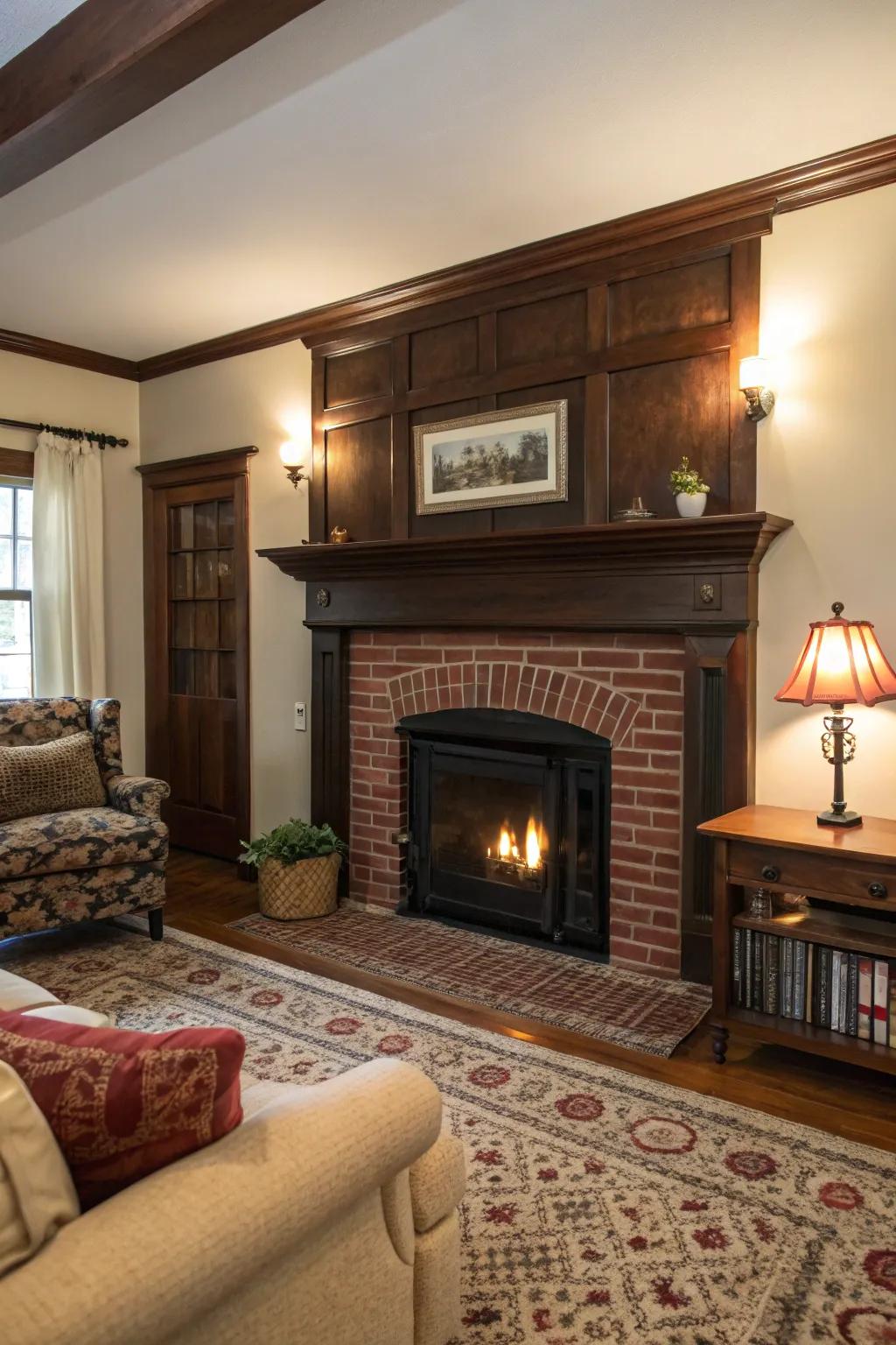 A timeless red brick hearth paired with a dark wood mantel, creating the perfect spot for cozy get-togethers.