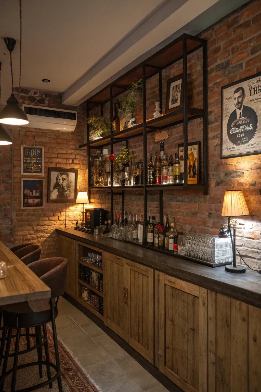An inviting home bar with an exposed brick wall, beautifully complemented by vintage-inspired accents.