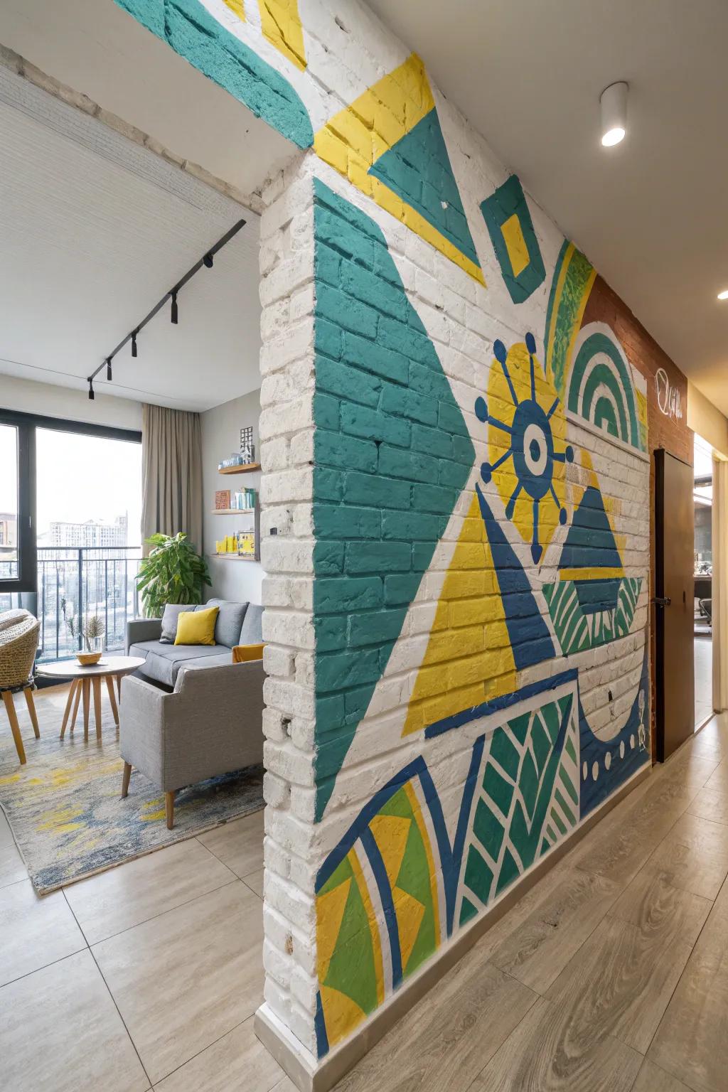 An energetic abstract mural elevates a contemporary brick wall.